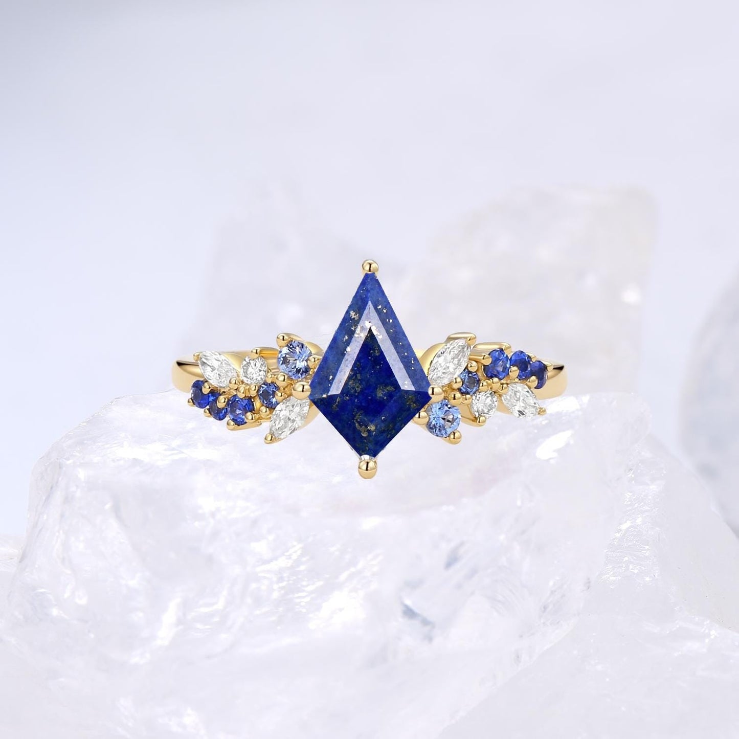 Vintage Black Gold Lapis Lazuli Engagement Ring Set Kite Cut Unique Cluster Sapphire Lapis Lazuli Bridal Ring Set Anniversary Gift For Her