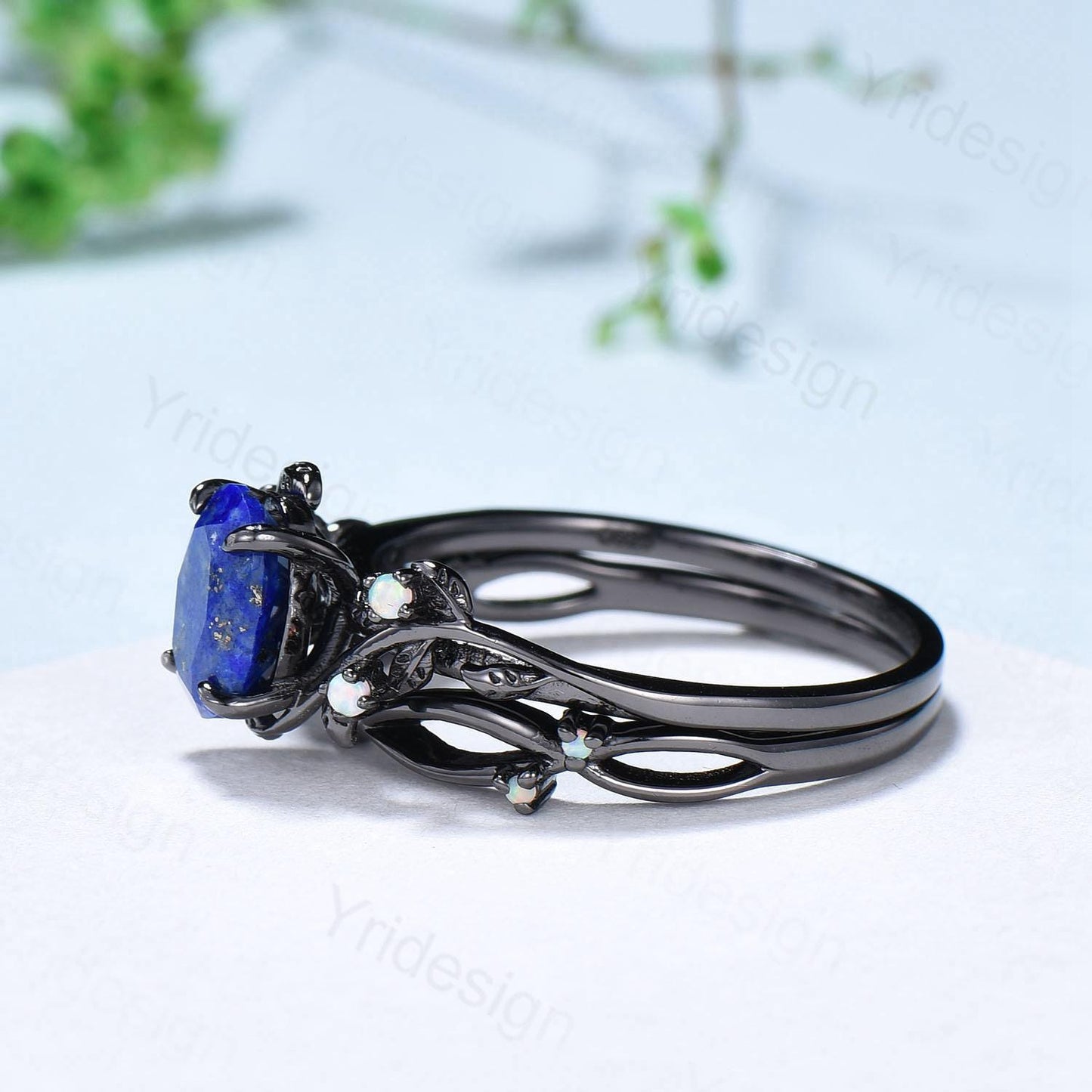 Nature Inspired Black Opal Wedding Ring Set Elegant Twig Black Gold Opal Engagement Ring Twig Vine Branch Bridal Set Unique Anniversary Ring