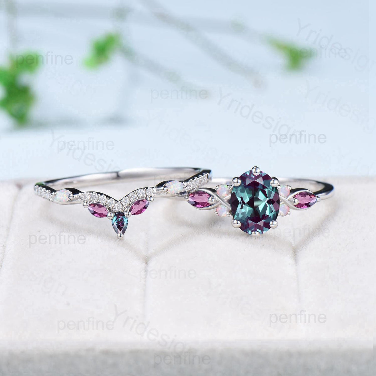 Vintage oval alexandrite engagement ring 14k white gold twisted unique opal amethyst wedding ring set art deco anniversary gift bridal set