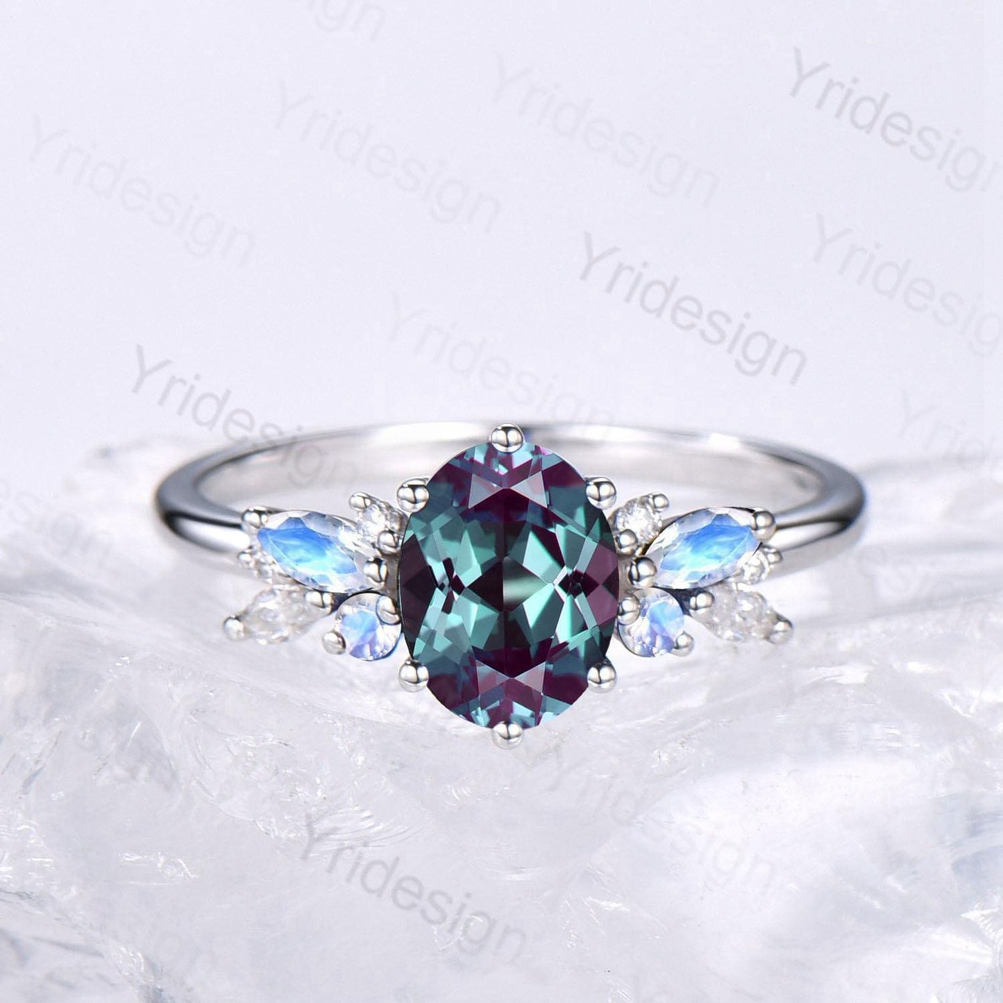 Unique Alexandrite Engagement Ring Set, 14k White Gold Moonstone June Birthstone Wedding Set, Leaf Amethyst Promise Stacking Band Bridal Set