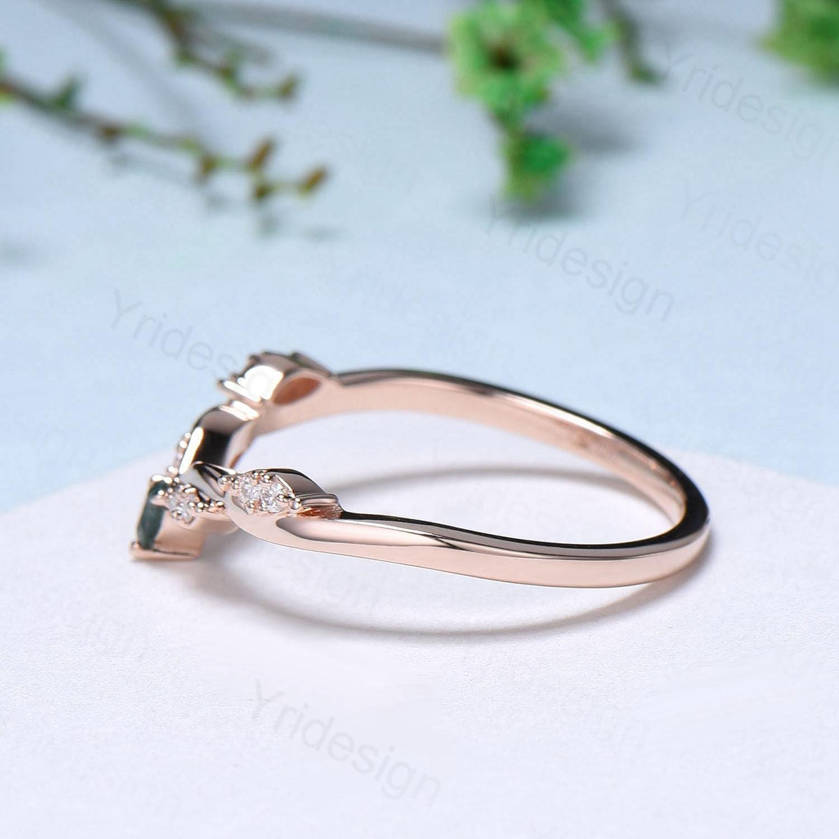 Curved Moss Agate Wedding Band, 14K Rose Gold Snowdrift Teardrop Green Agate Stacking ring Moissanite Diamond Matching band Anniversary gift