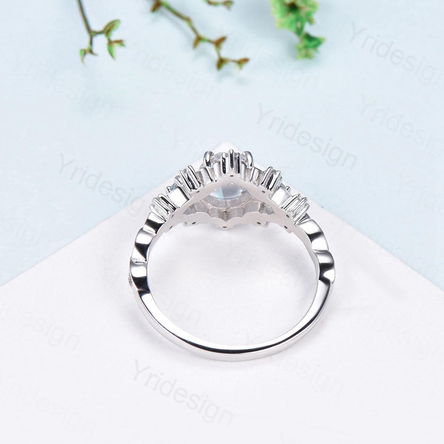 Unique oval blue paraiba engagement ring Nature Inspired silver white gold leaf engagement ring cluster aquamarine wedding band ring women