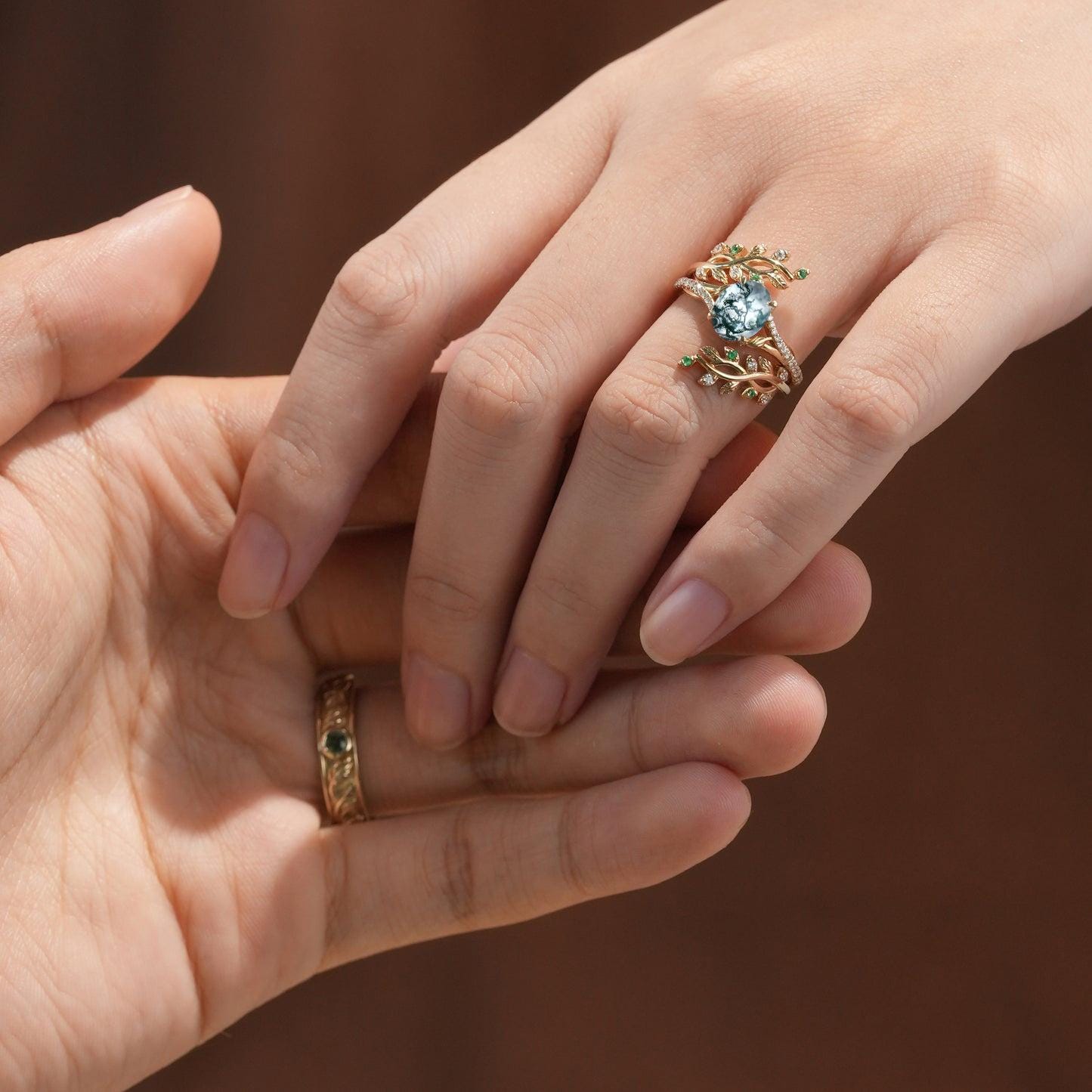 Nature inspired Moss Agate Couples ring set Unique leaf vine green agate wedding set twig cross men and women His Hers engagement ring gift