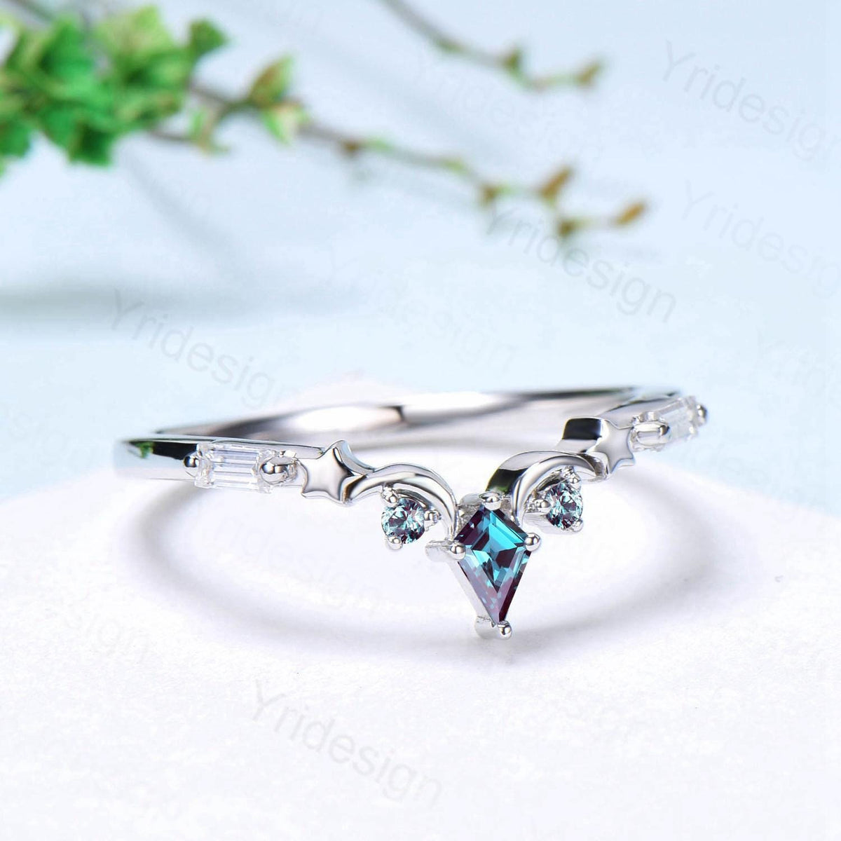 Unique Moon star alexandrite wedding band ring white gold elegant band for women art deco stacking ring baguette moissanite anniversary gift