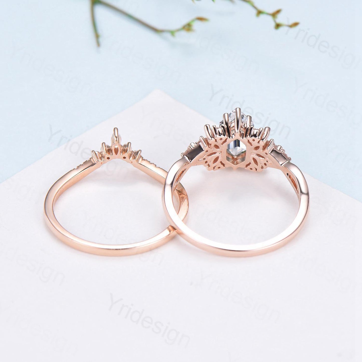 Vintage Long Hexagon cut moissanite engagement ring set cluster marquise opal split shank wedding ring set art deco infinity band bridal set