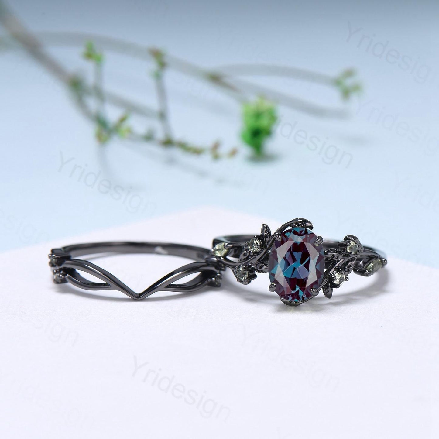 Unique Black Gold Oval Alexandrite Ring Set Nature Inspired Alexandrite Twig Engagement Ring branch peridot leaf wedding ring set for women