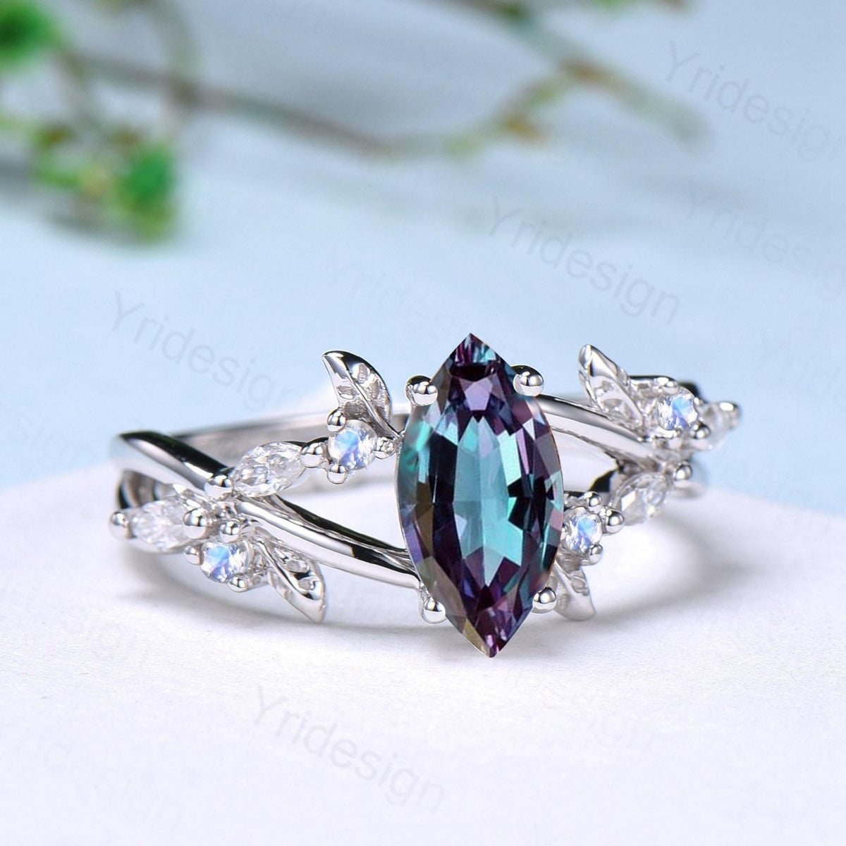 Natural Inspired Marquise Alexandrite Engagement Ring Unique Leaves Branch Color Change Ring Cluster Moonstone Split Shank Twig Wedding Ring