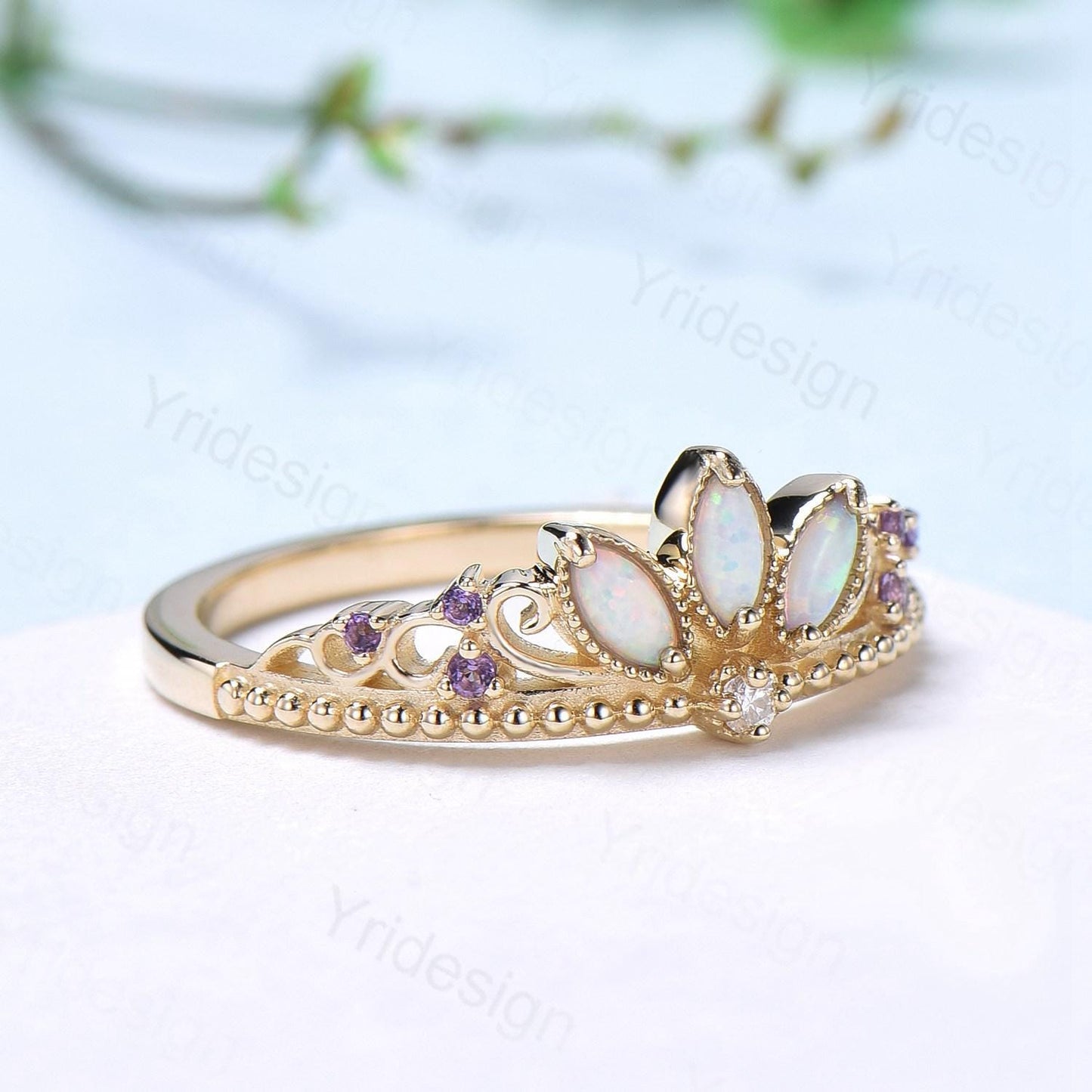 Unique Crown Opal Wedding Band 14K Yellow Gold Art Deco White Opal Stacking Wedding Ring October Birthstone Stacking Band Anniversary gift