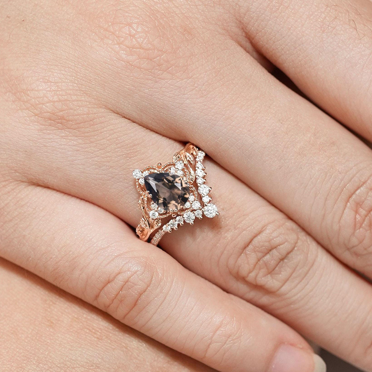 Natural inspired smoky quartz engagement ring set art deco cluster moissanite bridal wedding ring set Unique anniversary promise ring gift
