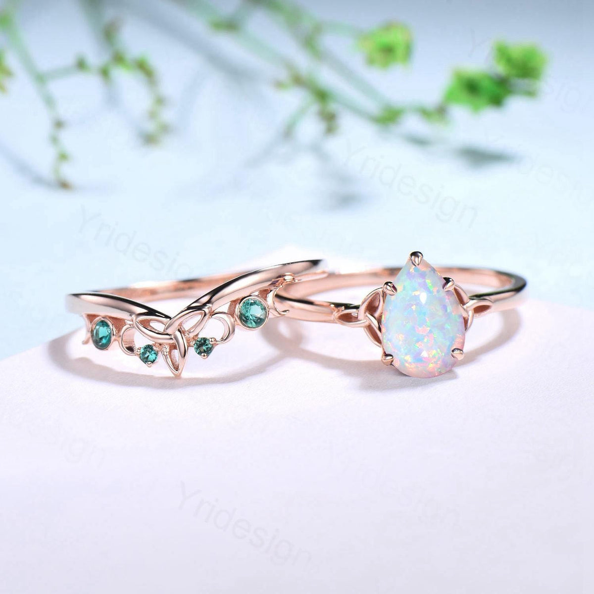 Celtic Knot White Opal Bridal Ring Set, 6x9mm Pear Shaped Fire Opal Engagement Ring Set, Emerald Stacking Matching Band, Anniversary Gift