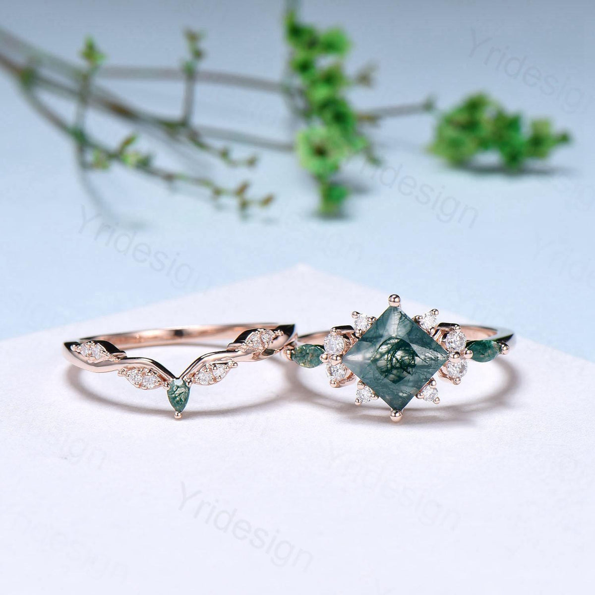 Vintage 2CT Princess Cut Green Moss Agate Engagement Ring Cluster Nature Marquise Green Gemstone Ring Set 2pcs Bridal Ring 14K Rose Gold Set