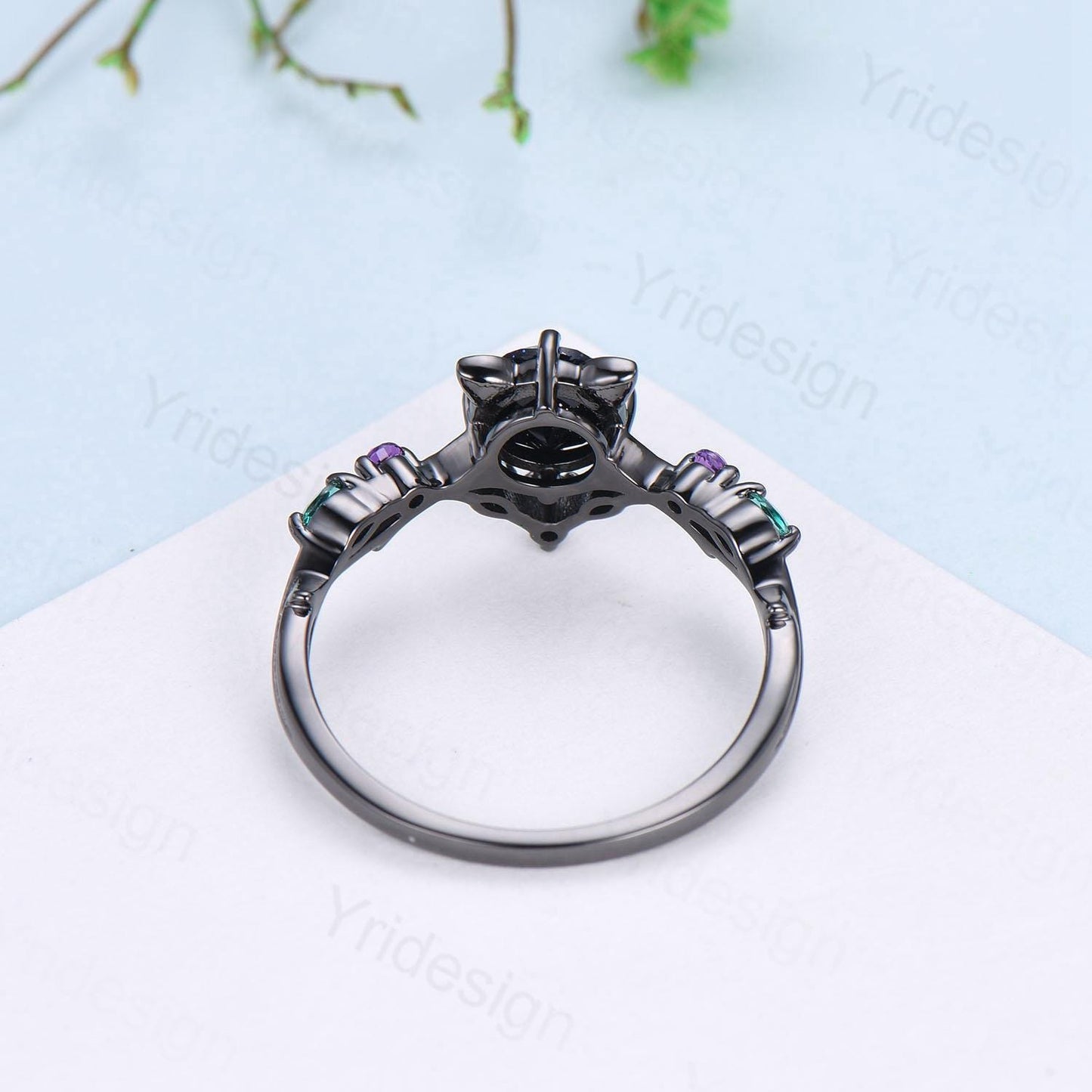 Cat Alexandrite Engagement Ring Black Gold Animal Inspired Amethyst Emerald Ring