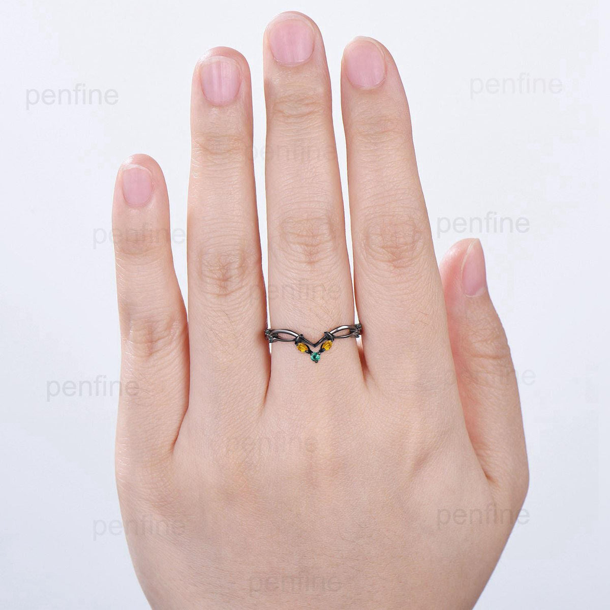 Unique Gothic Wedding Ring Black Gold Emerald Wedding Ring Marquise Citrine Emerald Stackable Matching Band Handmade Proposal Gifts Women
