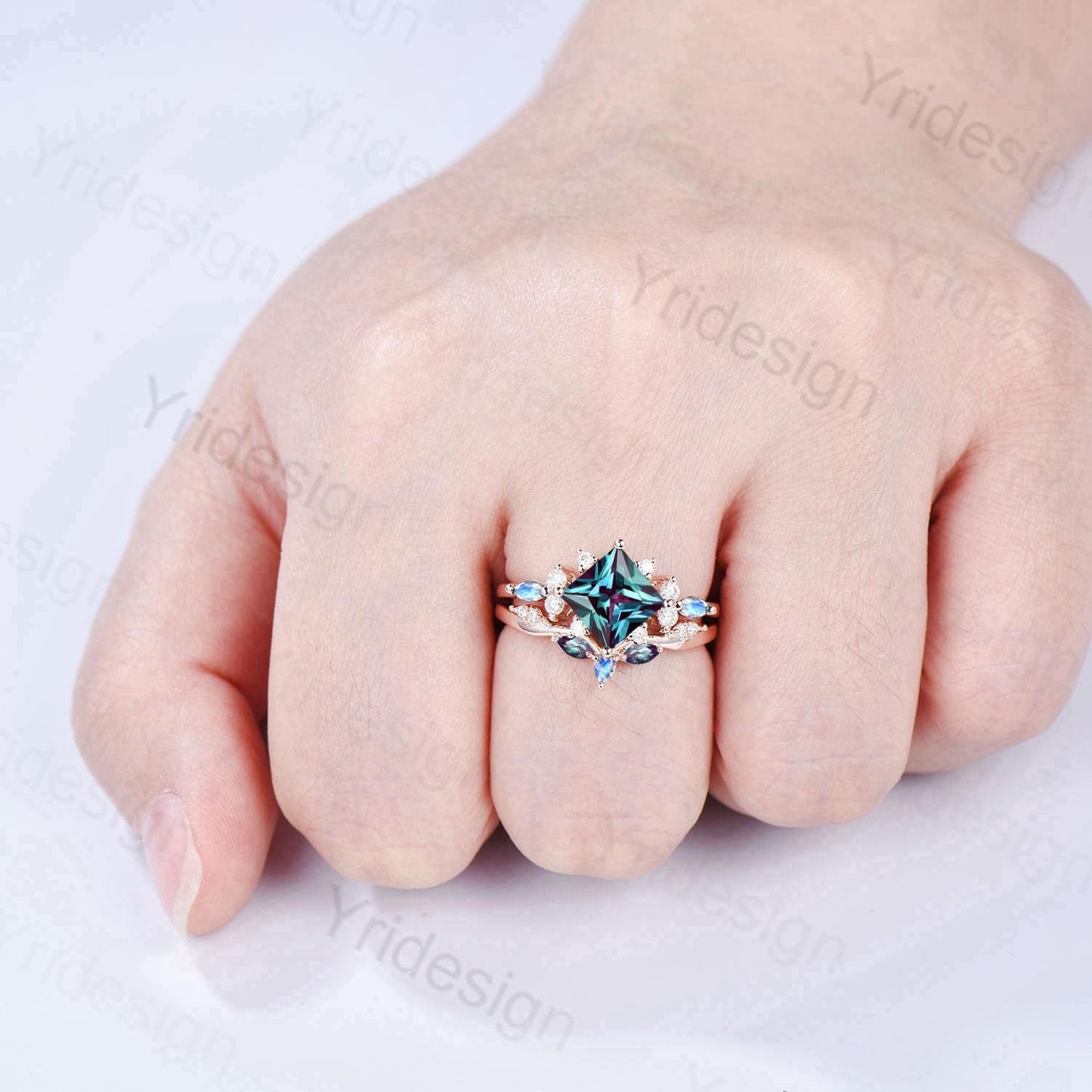 Unique 2CT Princess Cut Alexandrite Engagement Ring Cluster Nature Marquise Moonstone June Birthstone Ring Set 2pcs 14K Rose Gold Bridal Set