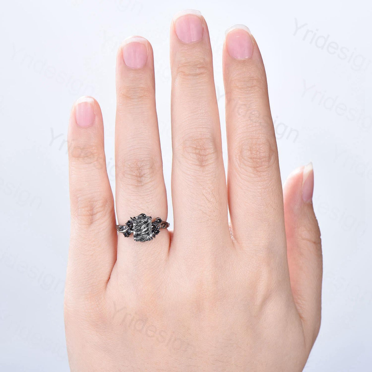 Nature Inspired black gold rutilated quartz engagement ring emerald cut twig vine elegant black rutilated ring cluster spinel promise gift