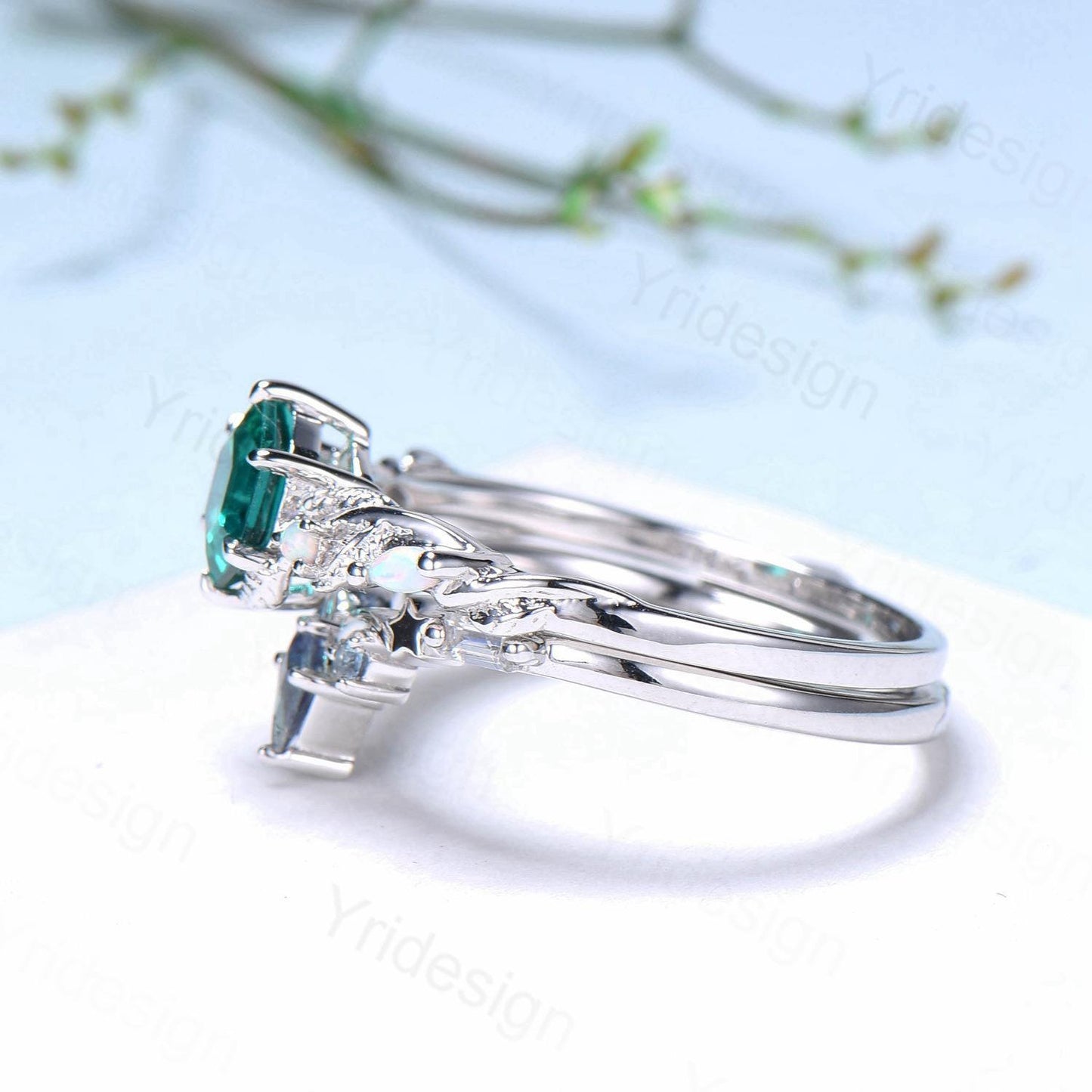 Unique emerald wedding ring set, Nature Inspired opal lab emerald engagement ring set, moon star alexandrite stacking band bridal set women