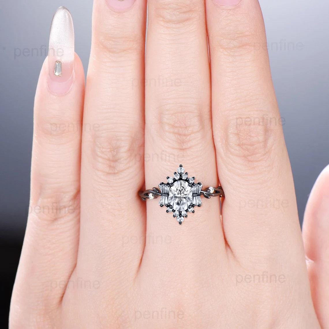 Vintage Black Gold Moissanite Ring Unique Luxury 1.5Carat Oval Moissanite Engagement Ring Art Deco Wedding Ring Unique Twig Anniversary Gift