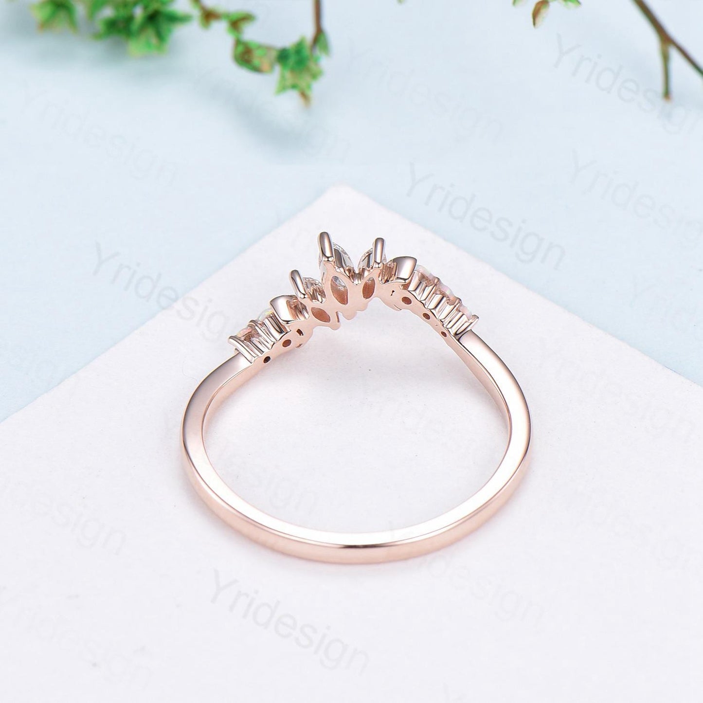 Unique Opal wedding Band Marquise 14k white gold fire opal moon wedding ring Art Deco curved stacking marching band Anniversary gift for her