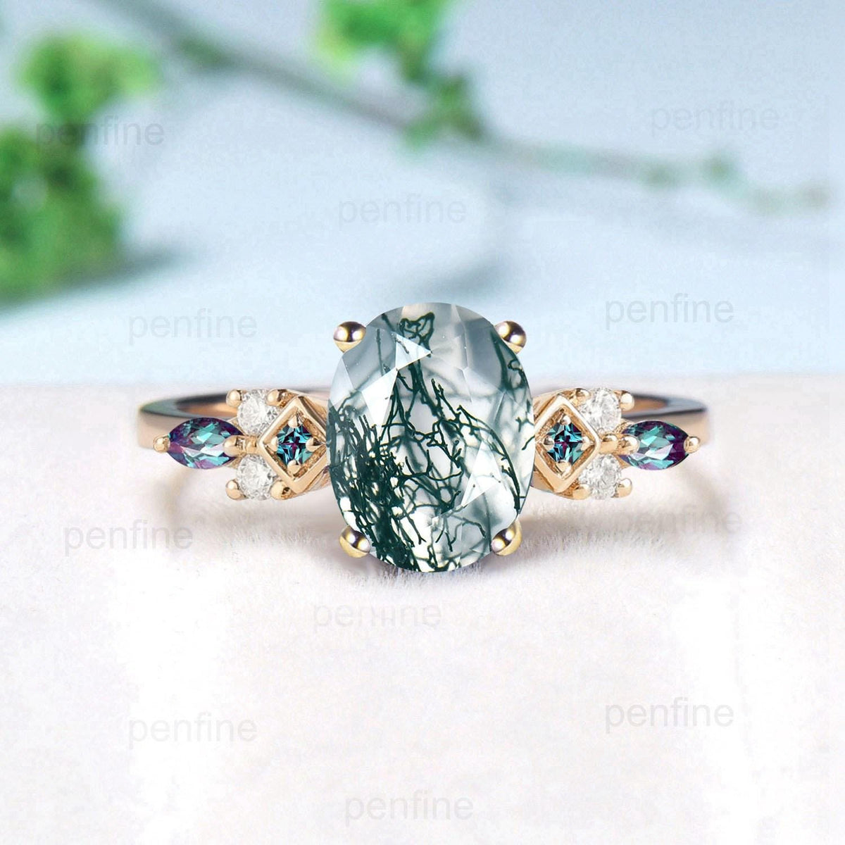 Unique 1.5ct oval natural green moss agate engagement ring cluster alexandrite wedding ring art deco promise ring gift her anniversary ring
