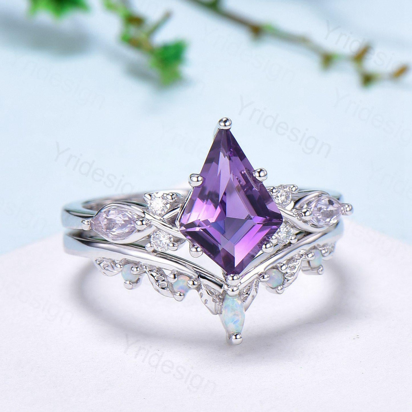 1.5CT Kite Cut Amethyst Ring Set/Engagement Ring Set Women/Marquise Lavender Amethyst Wedding Set/ Opal Leaf Stacking Band/Birthstone Ring