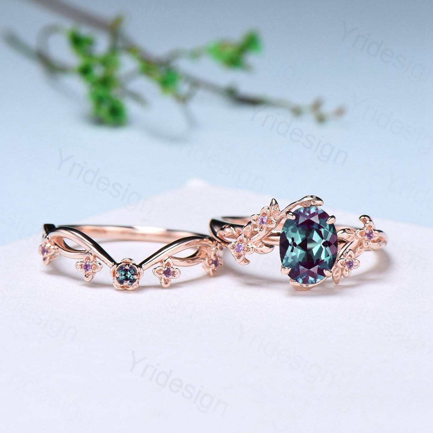 Unique flower alexandrite ring set cluster amethyst color change stone nature inspired engagement ring silver rose gold bridal wedding set
