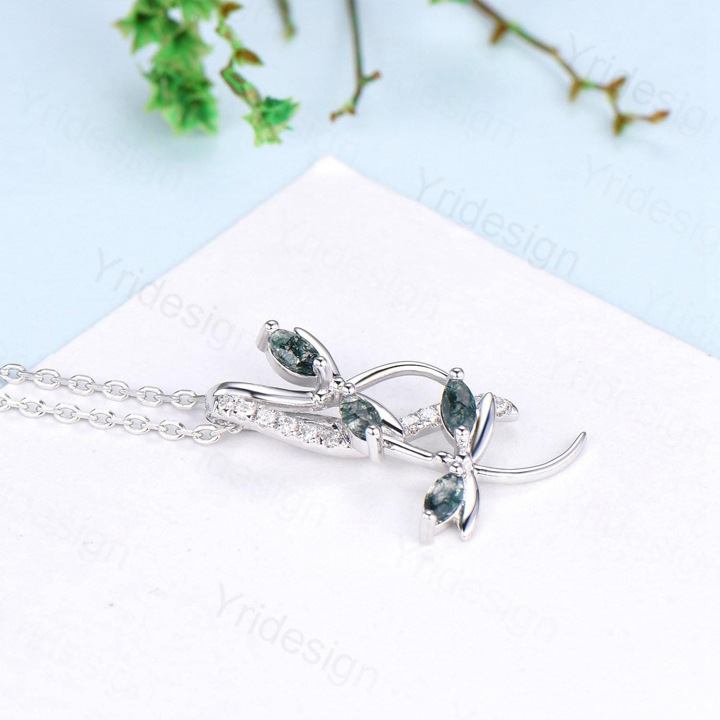 Nature Inspired Moss Agate Necklace Unique Marquise Green Agate Dragonfly Accompany Necklace Pendant Necklace Unique Anniversary Gift Women