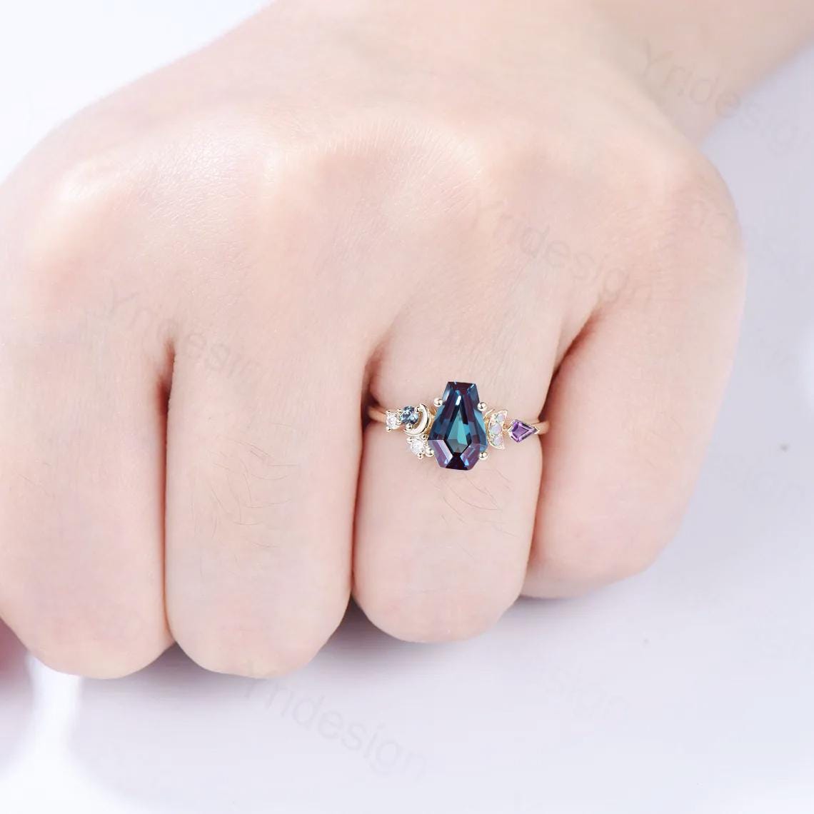Unique coffin cut moon alexandrite ring, vintage rose gold engagement ring, cluster kite amethyst wedding ring, retro opal anniversary gift