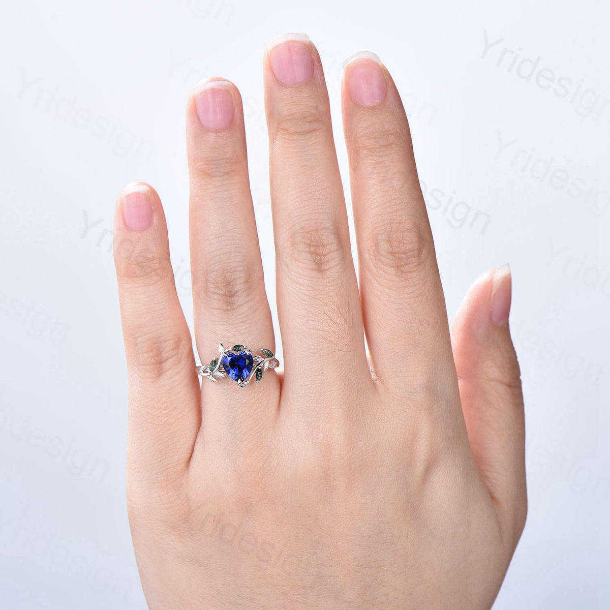 Nature Inspired Heart Shaped Blue Sapphire Engagement Ring Leaves Marquise Moss Agate Twig Wedding Ring Unique Anniversary Promise Ring Gift
