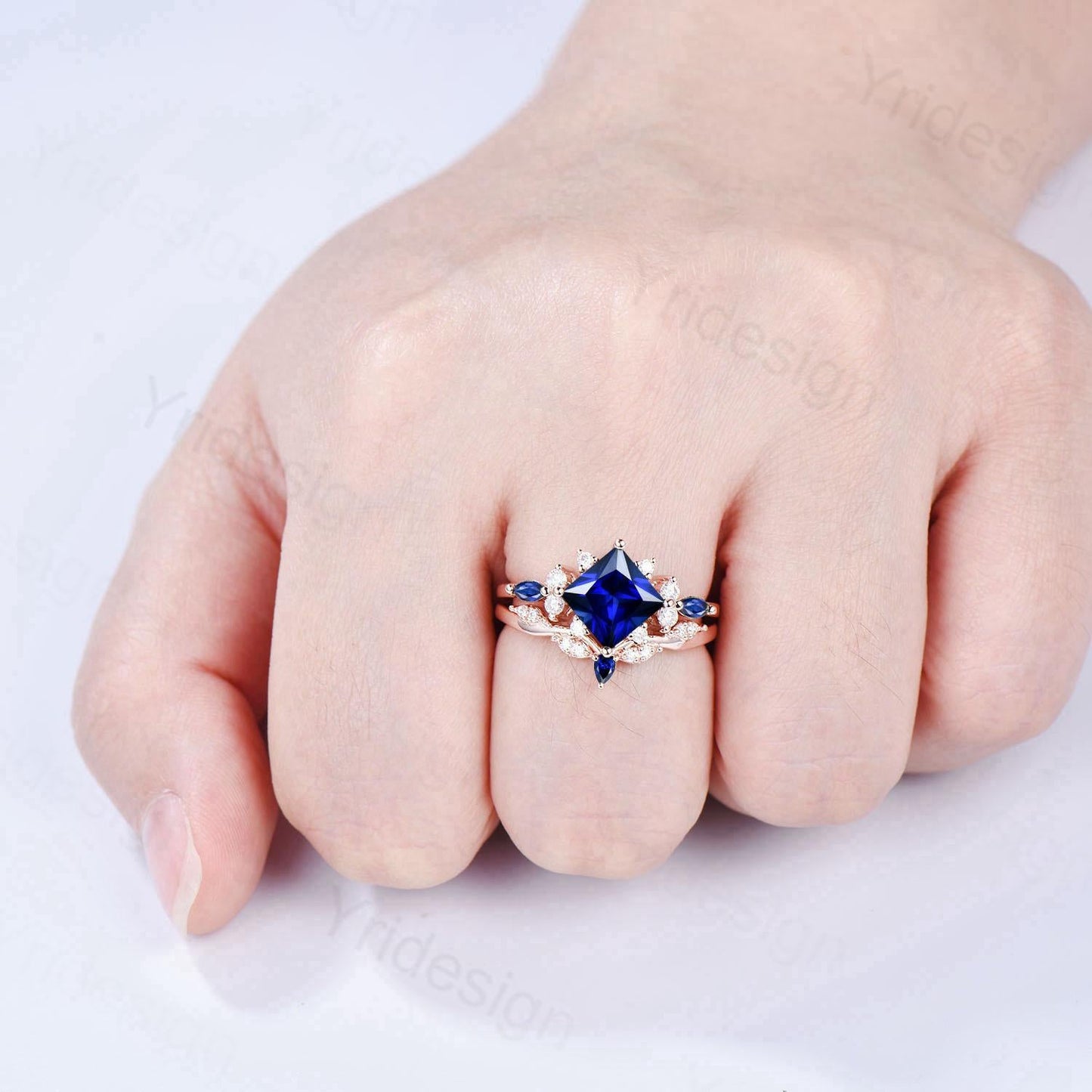 Vintage 2CT Princess Cut Sapphire Engagement Ring Cluster Nature Marquise Blue Gemstone Ring Set 2pcs Sapphire Bridal Ring 14K Rose Gold Set