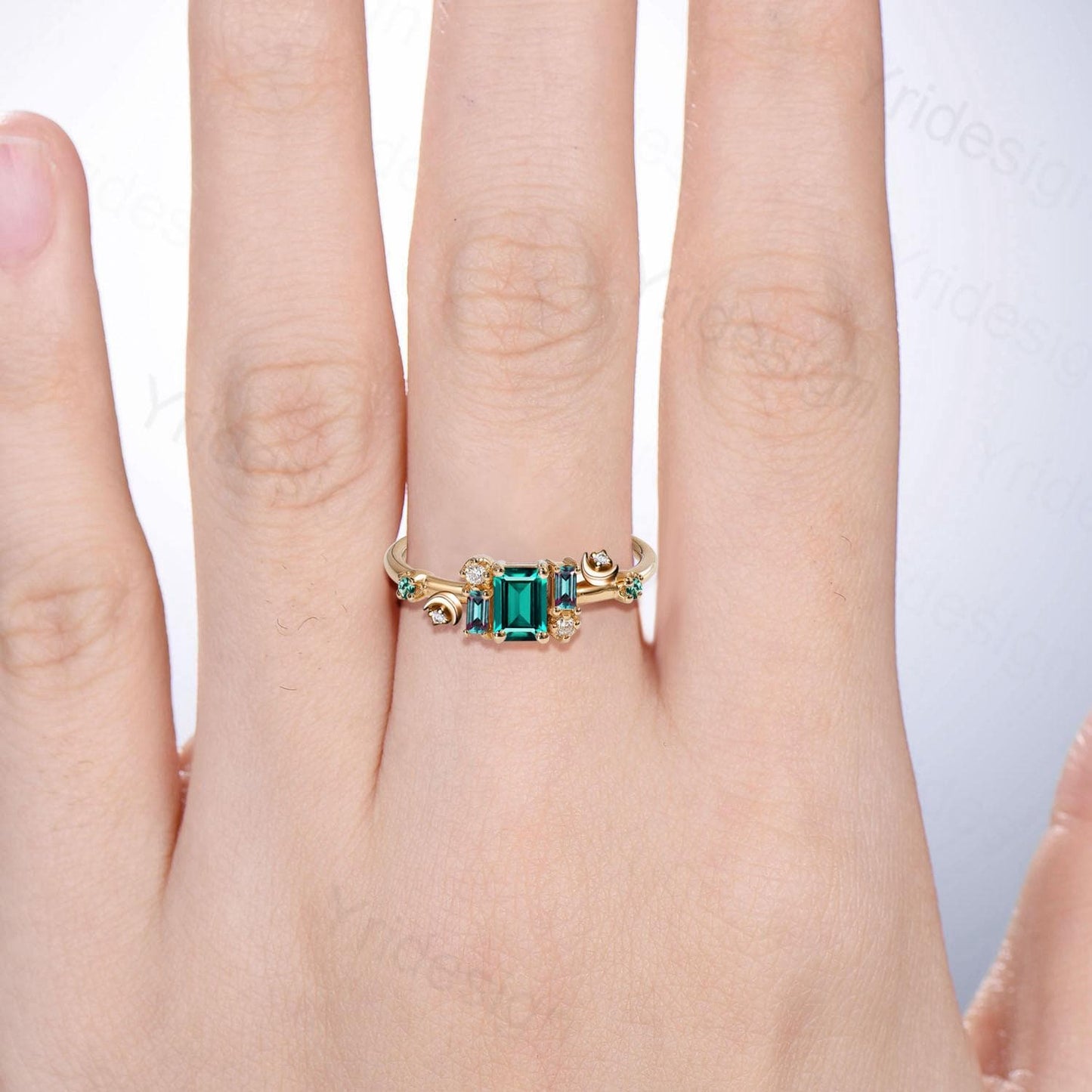 Unique Emerald Cut Emerald Engagement Ring Cluster Baguette Alexandrite Wedding Ring Vintage Moon May Birthstone Anniversary Ring for Women