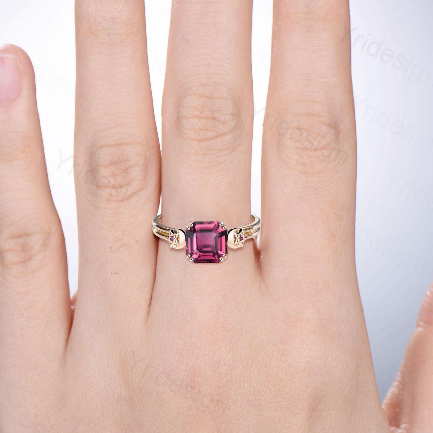 Unique Moon Star Asscher Pink Tourmaline Ring Vintage Split Shank Pink Stone Engagement Ring Art Deco Wedding Ring 8 Prongs Anniversary Gift