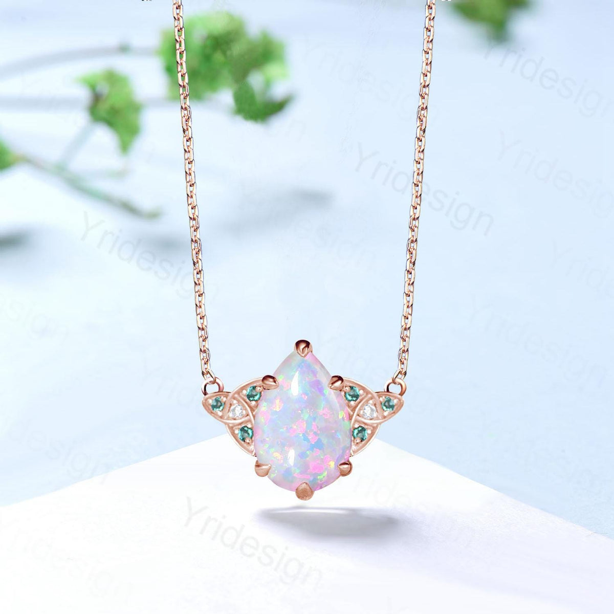 Celtic Love White Opal Pendant Necklace Vintage Unique Fire Opal Necklace Norse Viking Opal Emerald Necklace For Women October Birthday Gift
