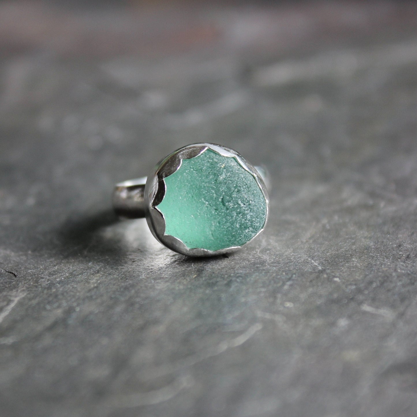 Chunky Teal Sea Glass Statement Ring | Sterling Silver | Handmade | Size 8 1/2