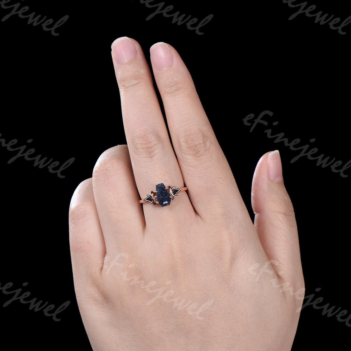 Coffin Blue Sandstone Ring, Kite Black Spinel, Rose Gold Wedding Band