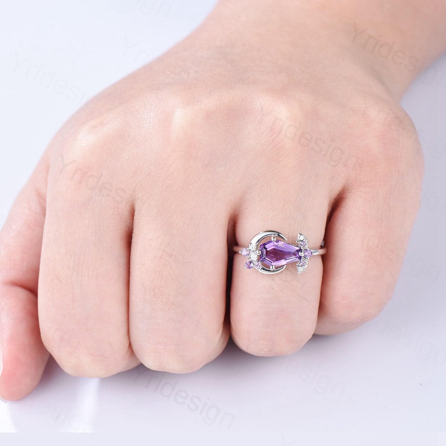 Unique Coffin Shape Amethyst Ring Marquise Purple Crystal Shield Shape Gothic Engagement Ring Vintage Handmade Bat Proposal Gifts for Women