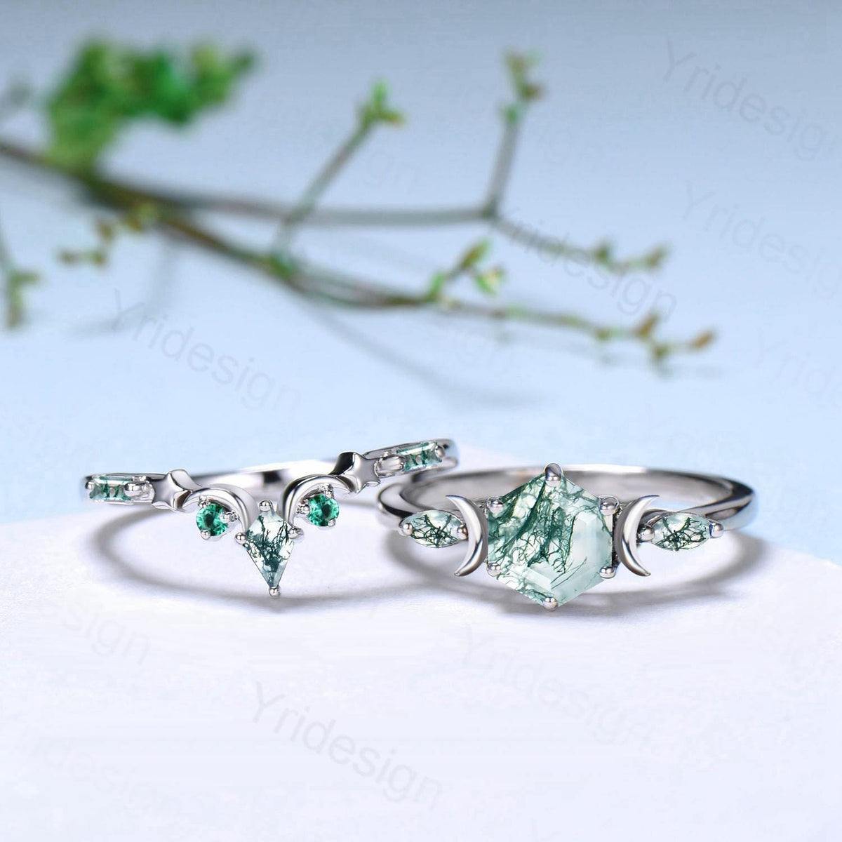 Three Stone Moon Star Moss Agate Ring Set Elegant Hexagon Green Agate Engagement Ring Unique Green Gemstone Wedding Ring Set 2pcs Bridal Set