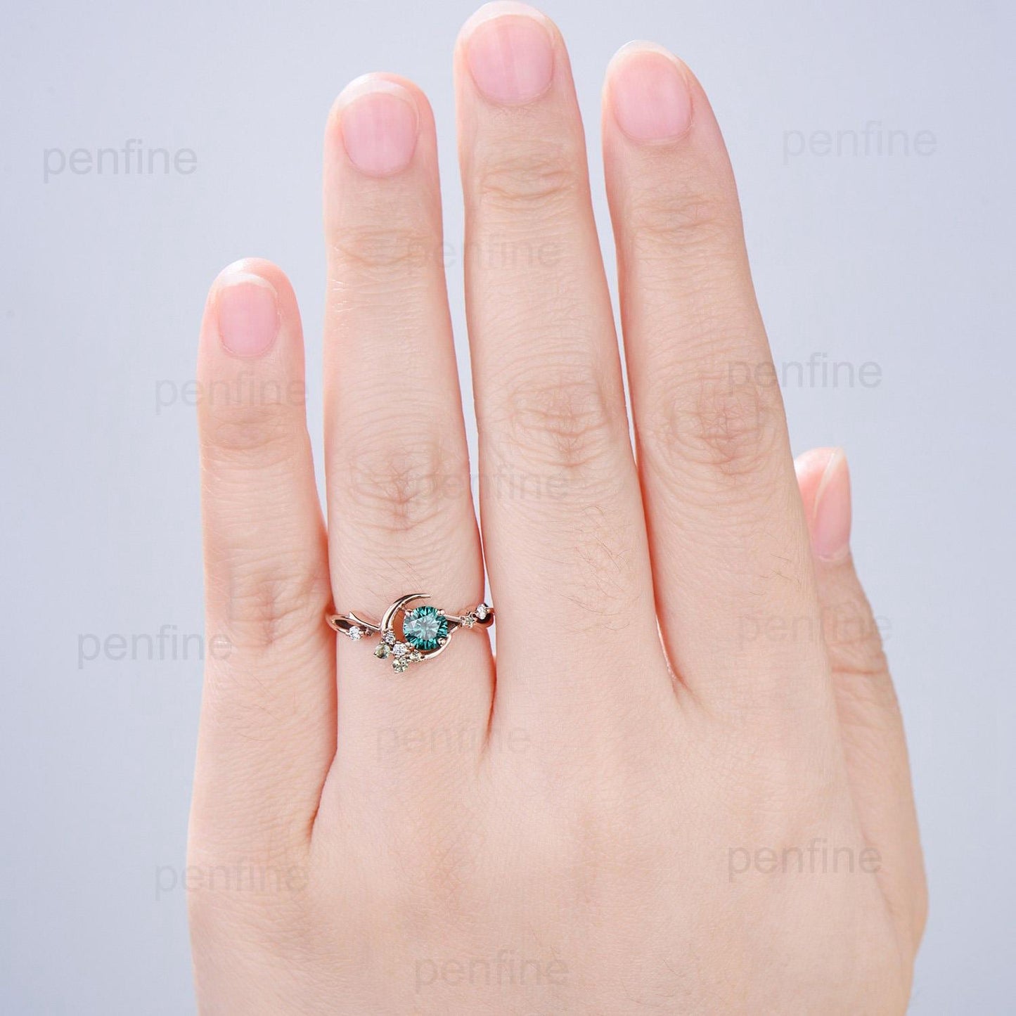 Unique Crescent Moon Green Moissanite Engagement Ring Vintage Rose Gold Star Moon Cluster Peridot Ring Art Deco Promise Anniversary Gift Her