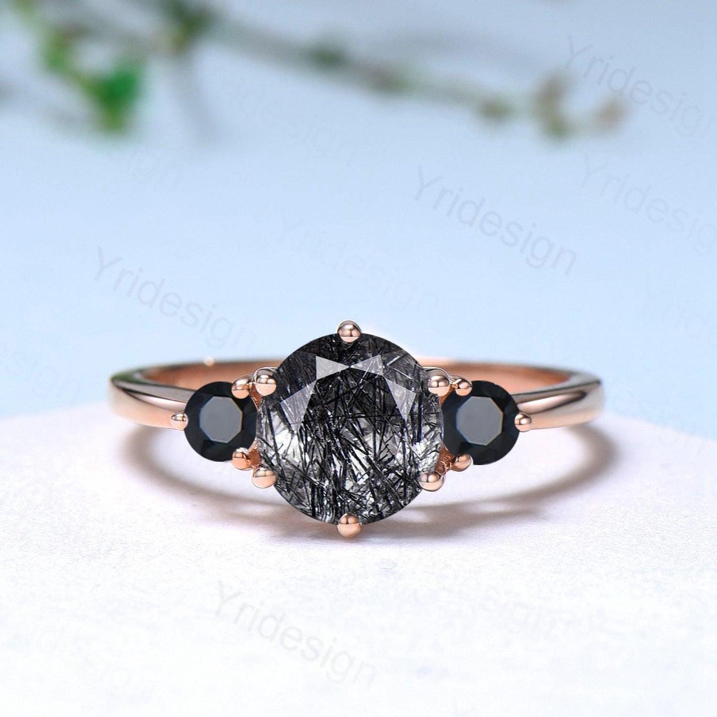 Vintage black rutilated quartz engagement ring set Three stone black spinel wedding ring set for women Quartz crystal bridal birthday gift