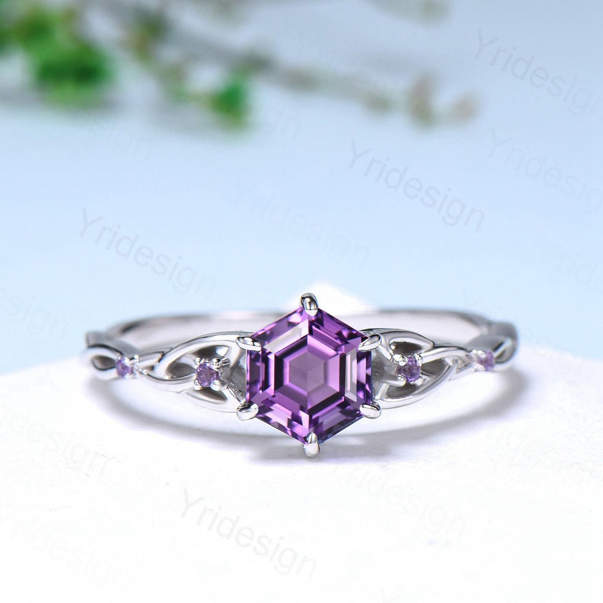 Norse Viking Hexagon Amethyst Ring Set Celtic Love Knot Purple Gemstone Engagement Ring Unique Twisted Emerald Wedding Ring Set For Women