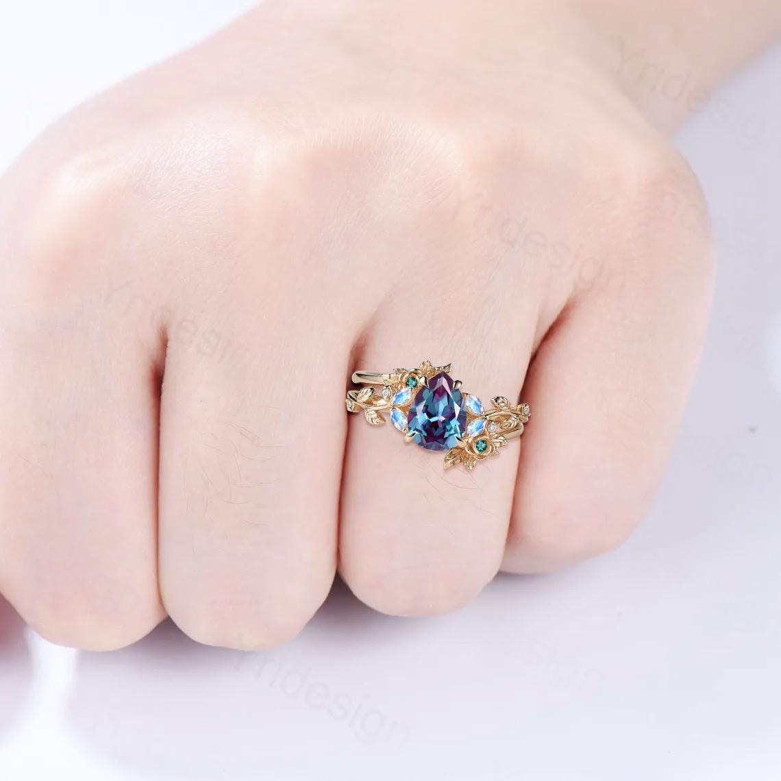 Nature inspired pear shaped alexandrite engagement ring floral leaf vine marquise moonstone wedding set art deco bridal anniversary ring set