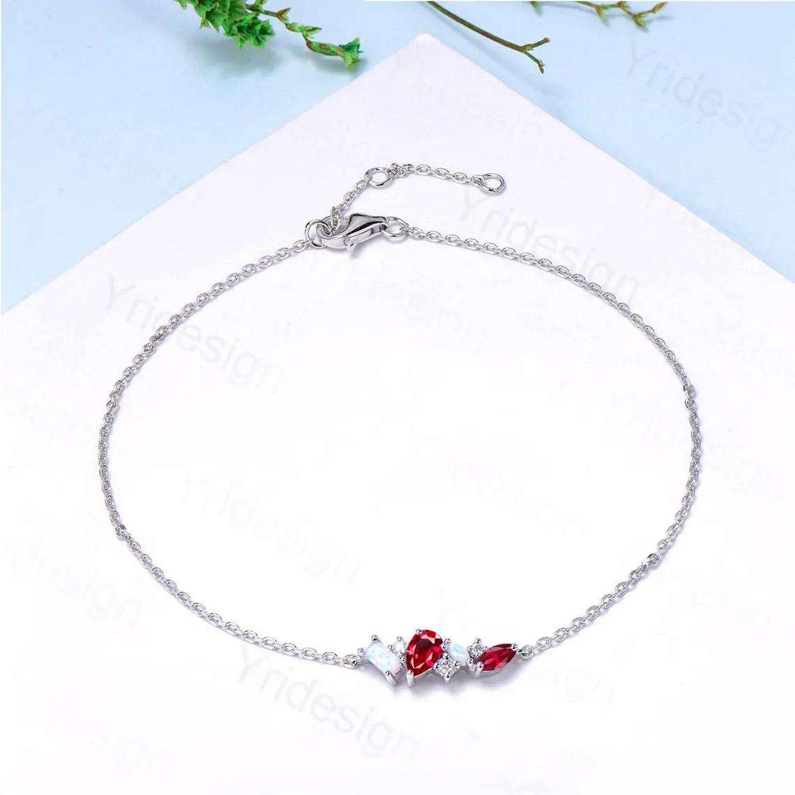 Elegant Pear Shaped Lab Ruby Bracelet Multi-Stone Baguette White Fire Opal Lobster Claw Bracelet Silver Gold Art Deco Anniversary Gift Women