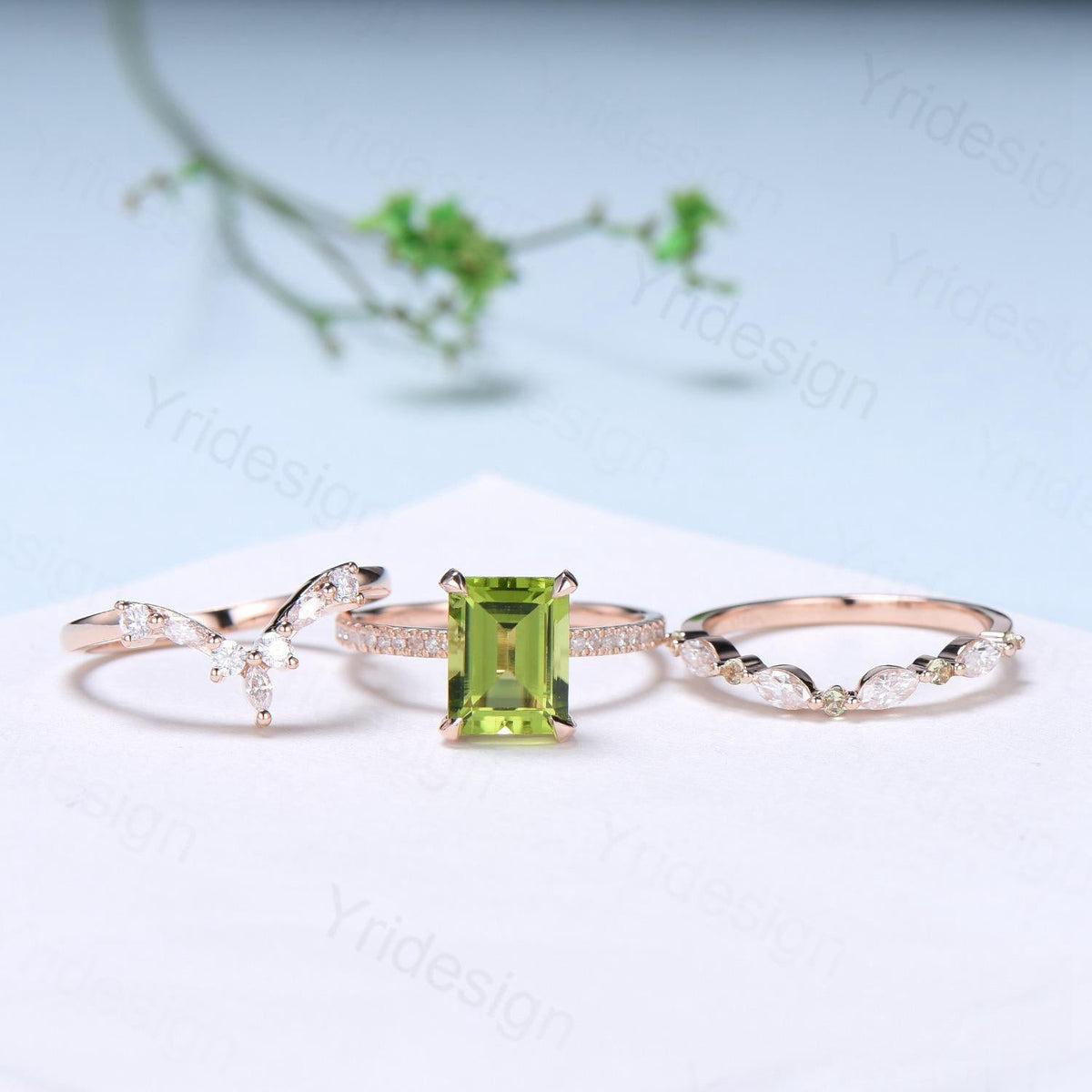 Vintage Emerald Cut Peridot Engagement Ring Set Hidden Halo Basket 3CT Peridot Eternity Bridal Ring Women Rose Gold Anniversary Wedding Set