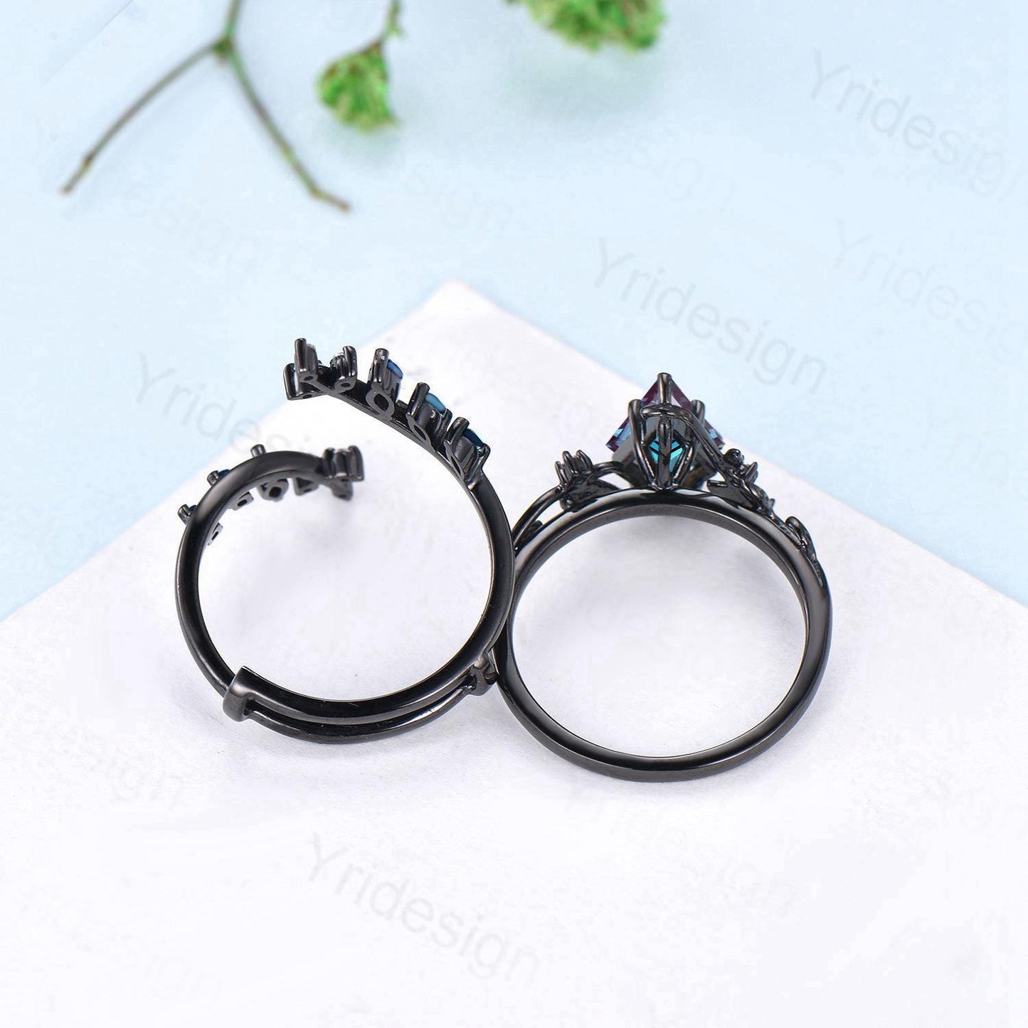 1.5CT Kite Cut Alexandrite Engagement Ring Set Gothic Black Gold Marquise Moonstone Cluster Bridal Set
