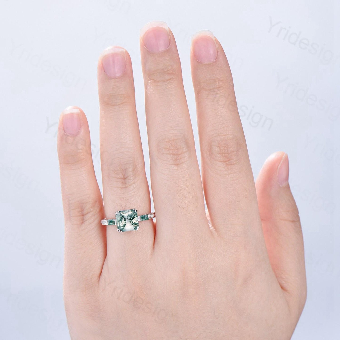 Hidden halo asscher cut moss agate engagement ring Princess green moss agate basket setting wedding ring pave set diamonds anniversary ring
