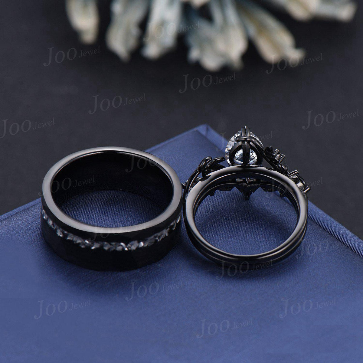Gray Moissanite Engagement Ring Leaf Couple Set Tungsten Meteorite Men's No-Fading Black Wedding Ring His And Hers Gothic Matching Band Gift