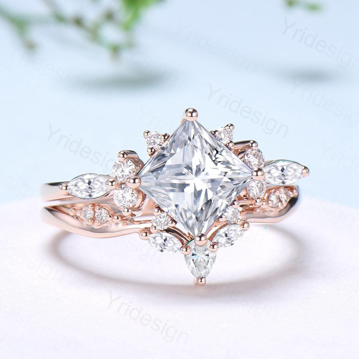 Vintage 2CT Princess Cut Moissanite Engagement Ring Cluster Moissanite Diamond Wedding Ring Set 2pcs Bridal Ring 14K Rose Gold Bridal Set