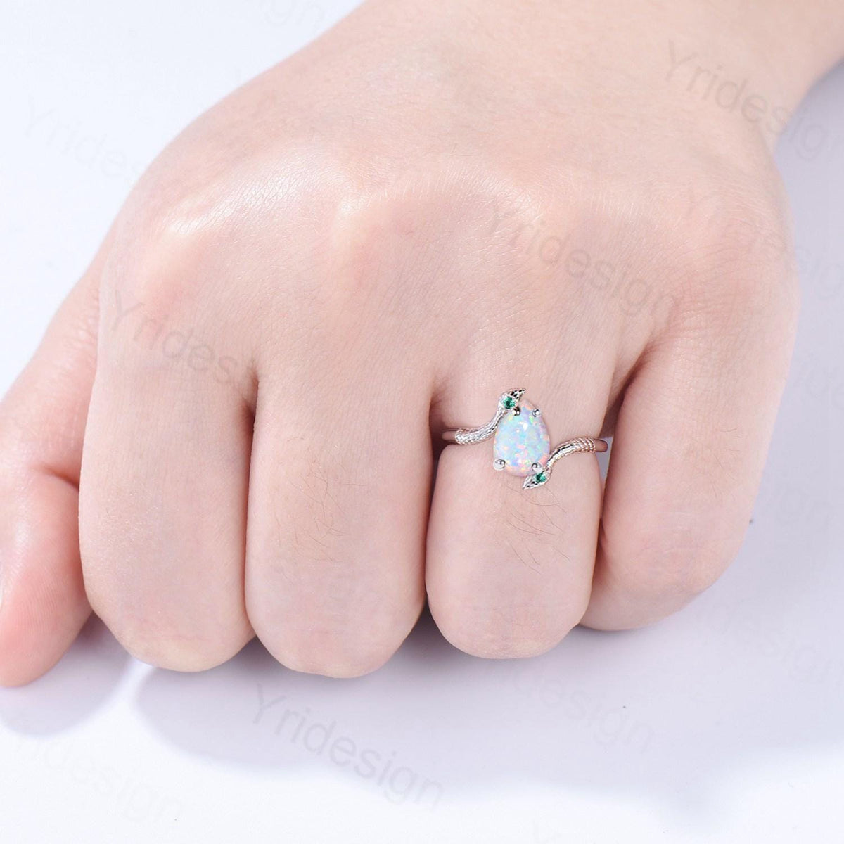 Unique Snake white fire opal engagement ring cold-blooded pear shaped opal emerald three stone wedding ring women anniversary promise gift