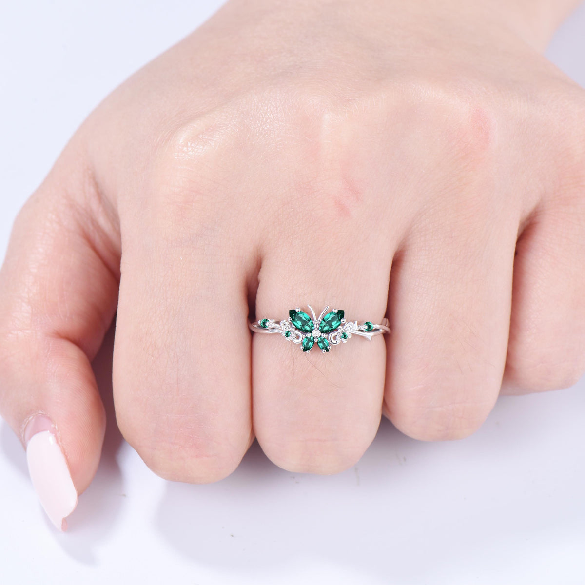 Vintage Butterfly Emerald Engagement Ring Unique marquise cut green gemstone silver white gold flower promise ring anniversary gift women