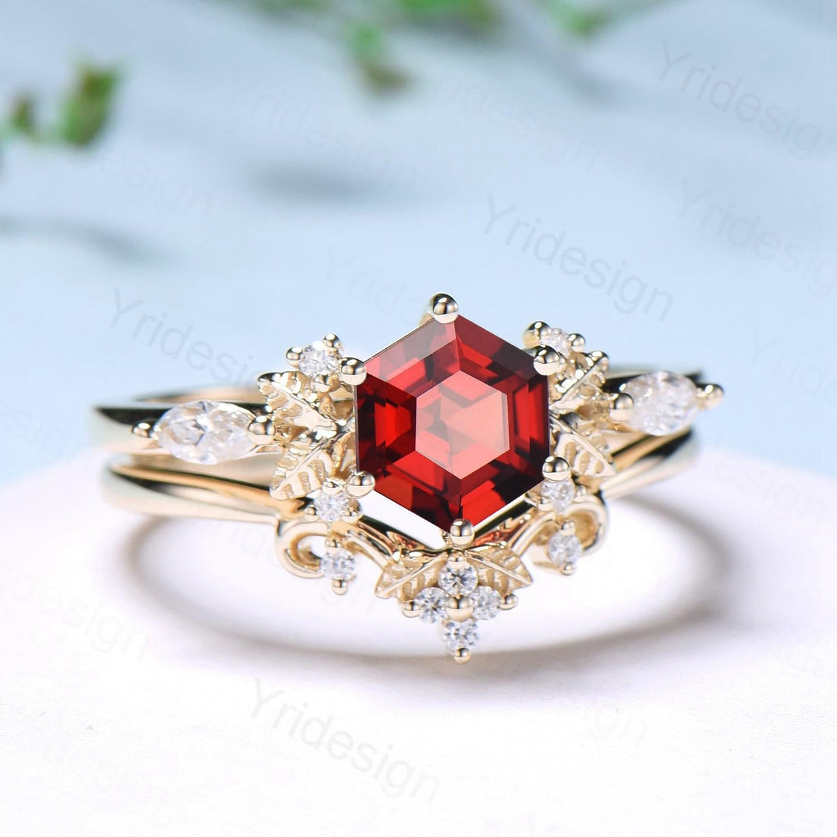 Nature inspired hexagon garnet engagement ring set 14k yellow gold unique leaf vine garnet wedding ring set January birthstone jewelry women