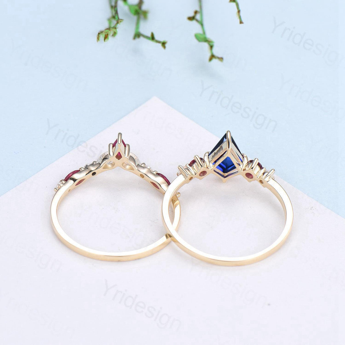 Vintage Kite Cut Sapphire Engagement Ring Set Five Stone Sapphire Ruby Wedding ring Set 14K Yellow Gold Art Deco 2pcs Bridal Ring Set Women